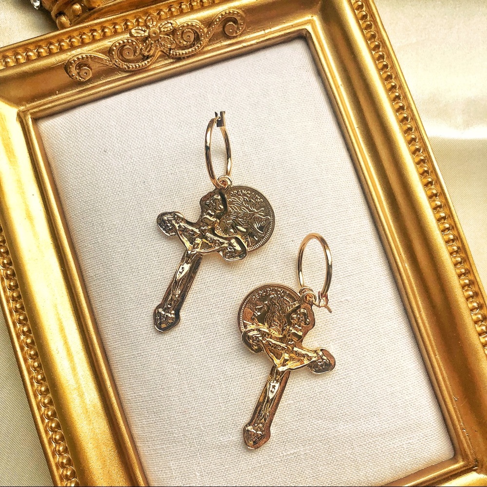 Gold Pendant Coin and Cross Religious Earrings - Picture 6 of 7